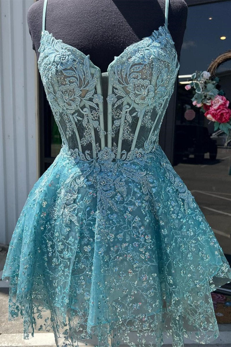 A-line Spaghetti Straps Short Homecoming Dresses with Appliques