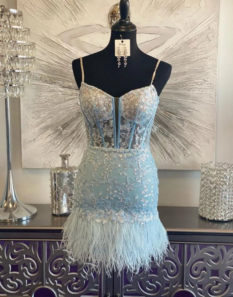 Corset Lace Tight Short Homecoming Dresses with Feathers
