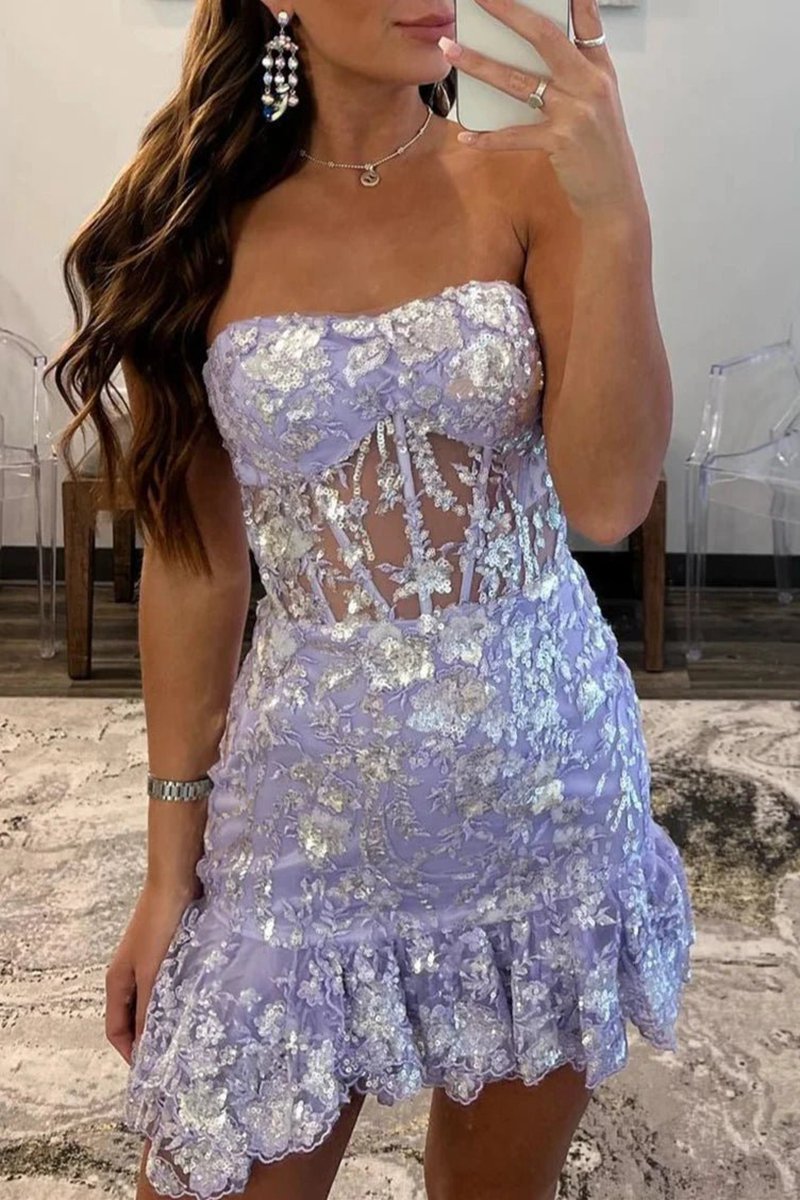 Strapless Sequin Tight Mini Dresses with Ruffles