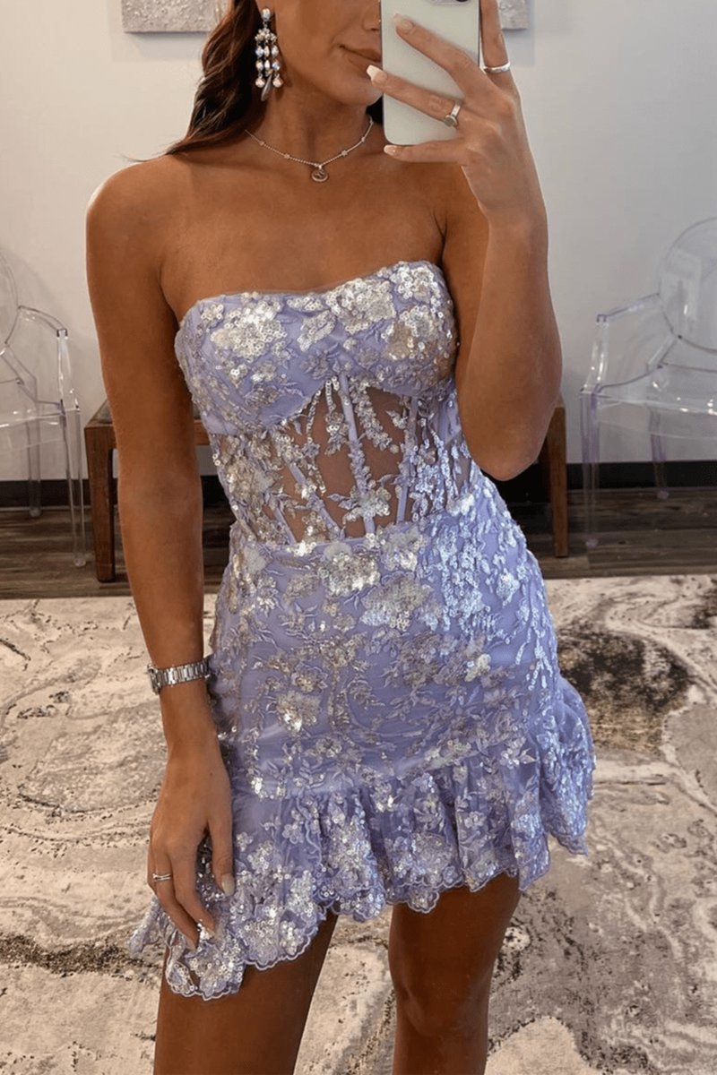 Strapless Sequin Tight Mini Dresses with Ruffles