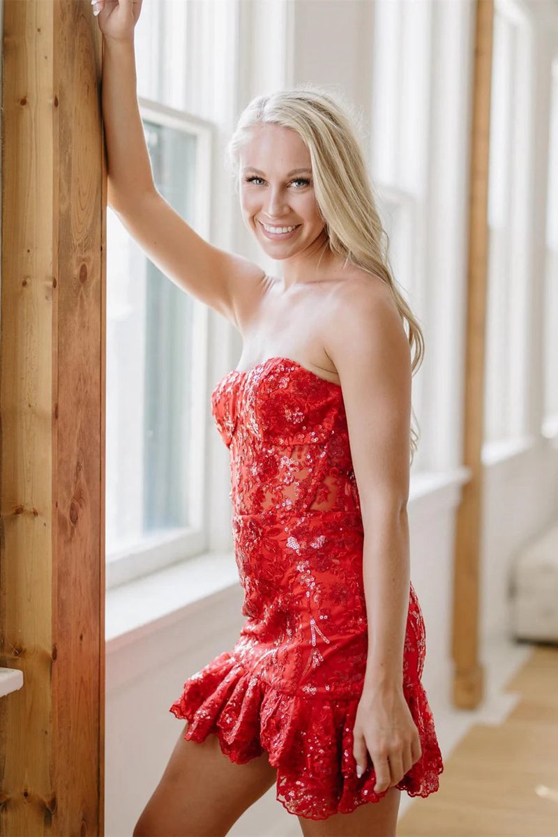 Strapless Sequin Tight Mini Dresses with Ruffles