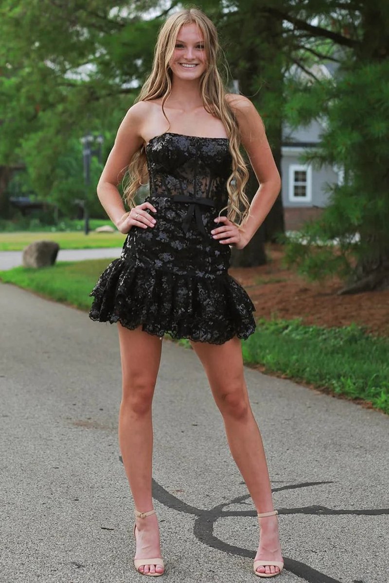 Strapless Sequin Tight Mini Dresses with Ruffles