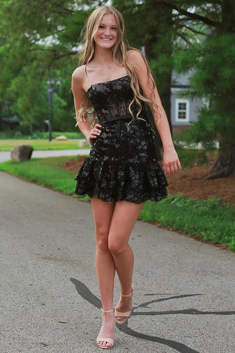 Strapless Sequin Tight Mini Dresses with Ruffles