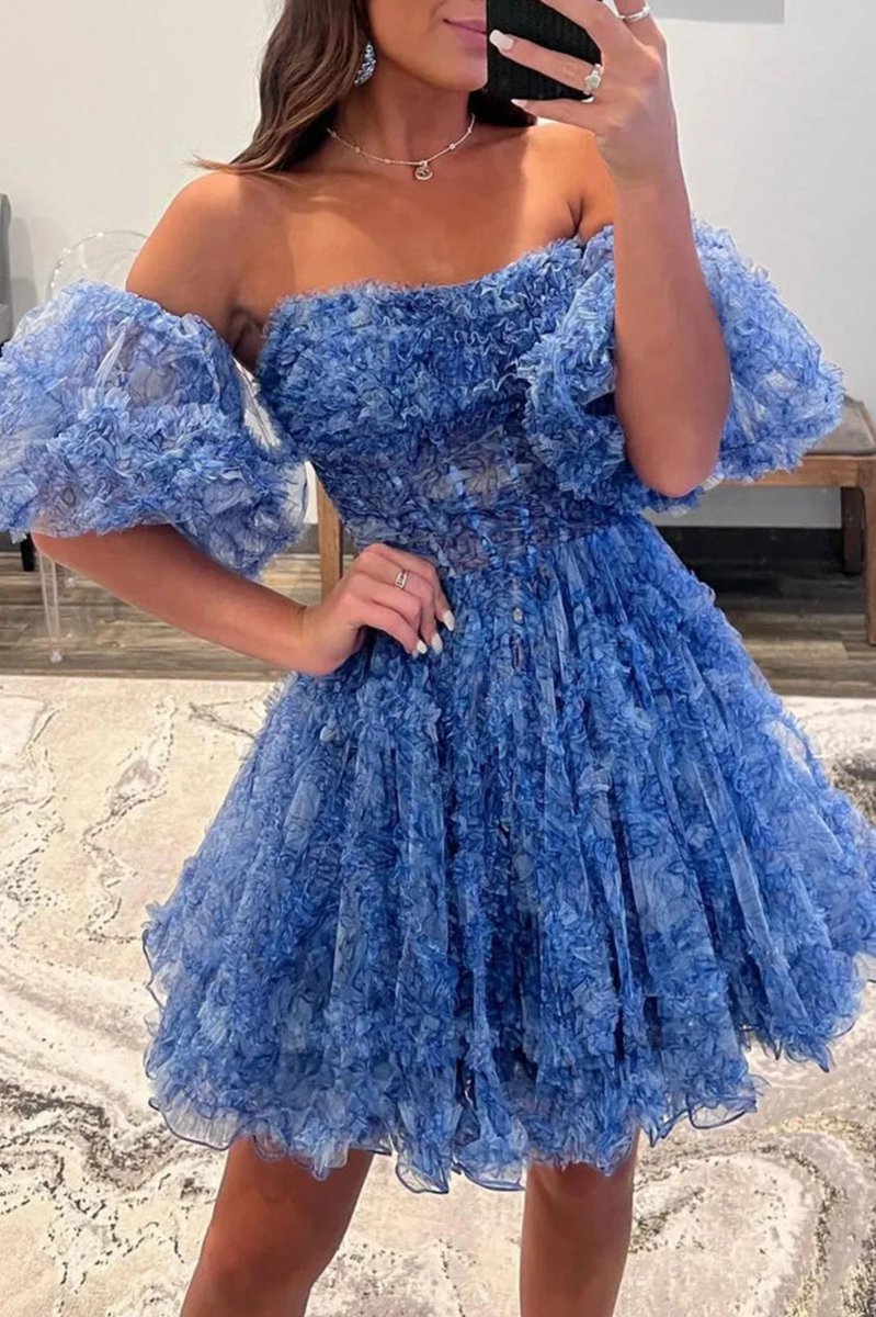 Puff Sleeves Ruffles A-line Prints Homecoming Dresses