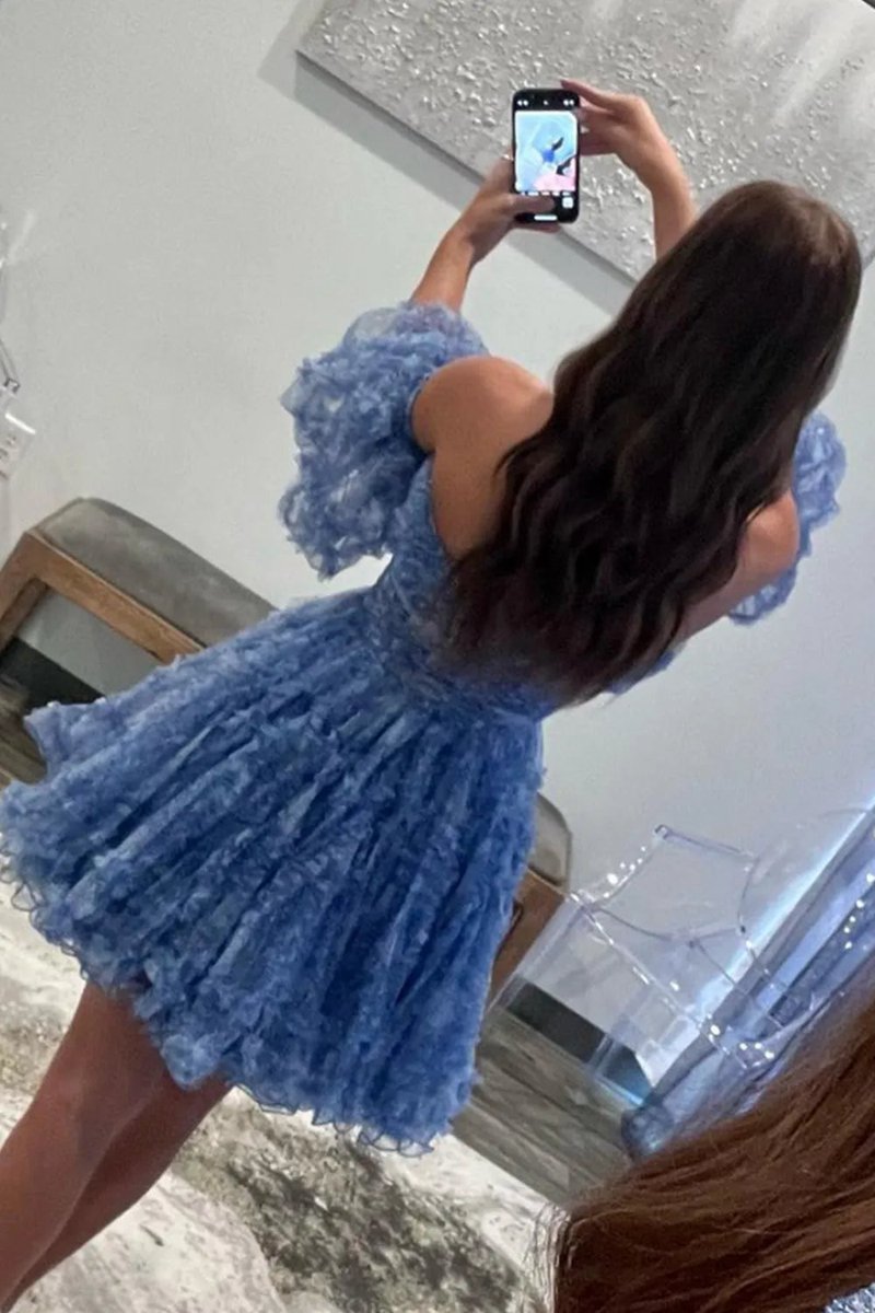 Puff Sleeves Ruffles A-line Prints Homecoming Dresses