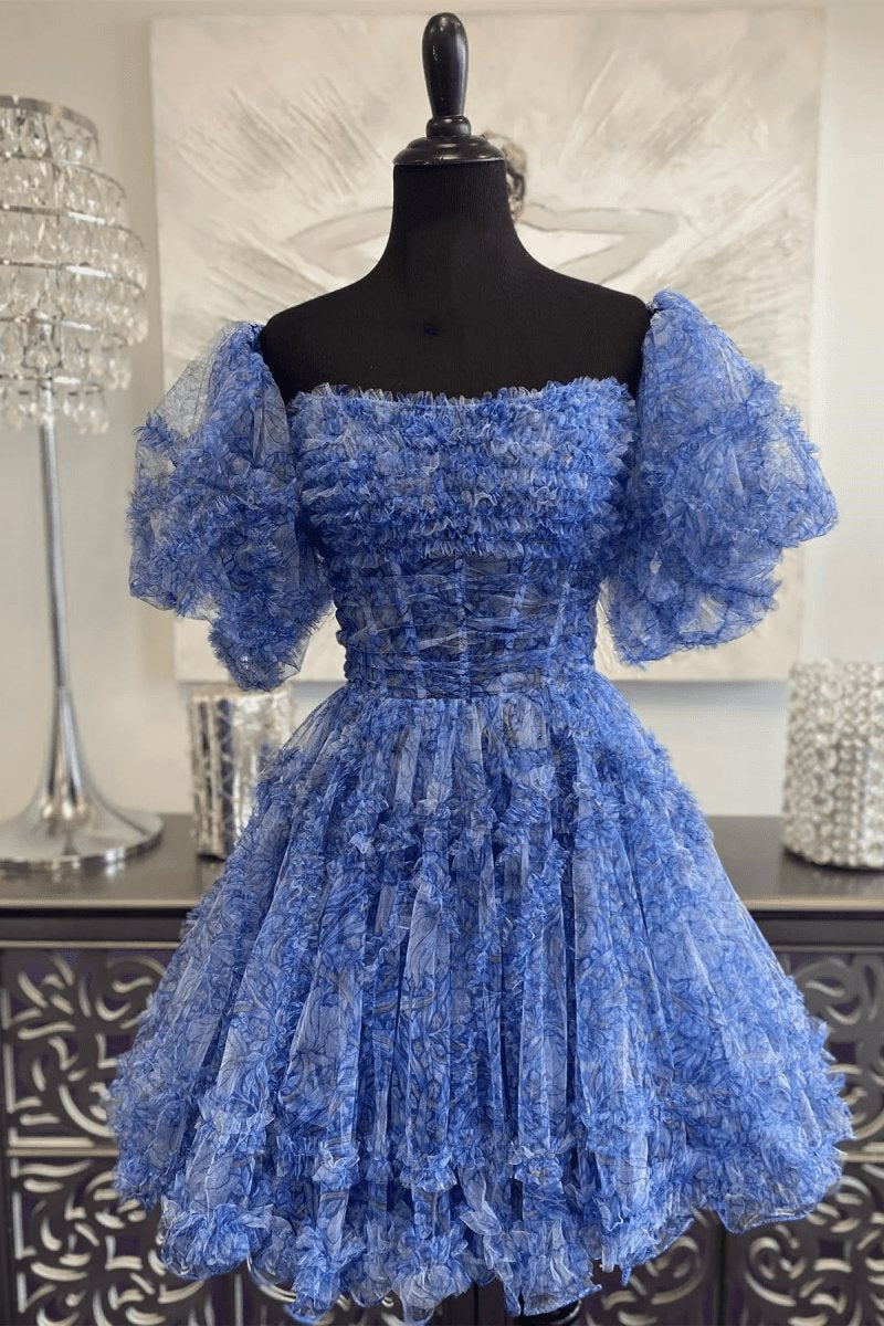 Puff Sleeves Ruffles A-line Prints Homecoming Dresses
