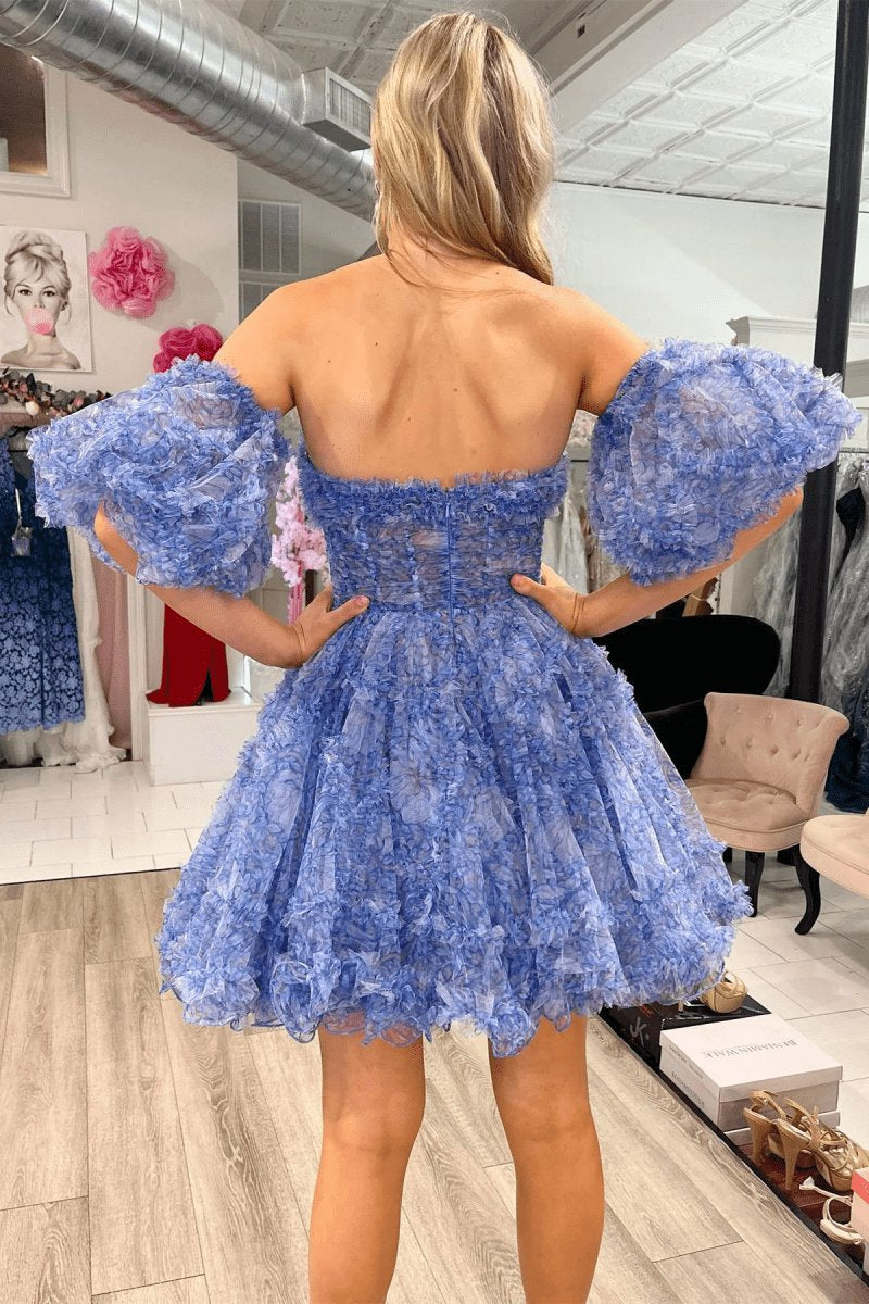 Puff Sleeves Ruffles A-line Prints Homecoming Dresses