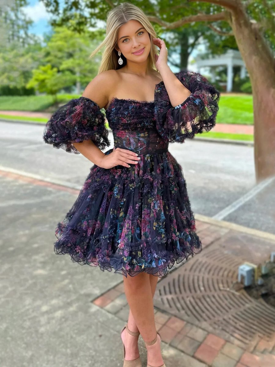 Puff Sleeves Ruffles A-line Prints Homecoming Dresses