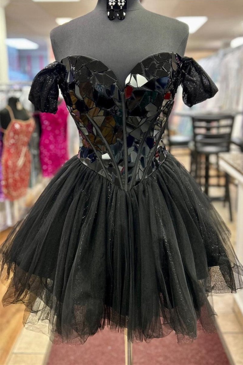 Off-the-Shoulder Short Party Dresses with Cut Glass Mirrors
