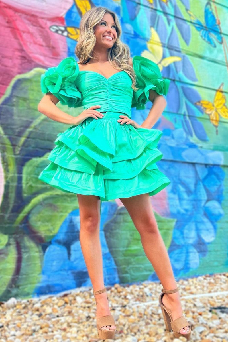 A-line Ruffle Sleeves Layered Two Pieces Short Party Dresses