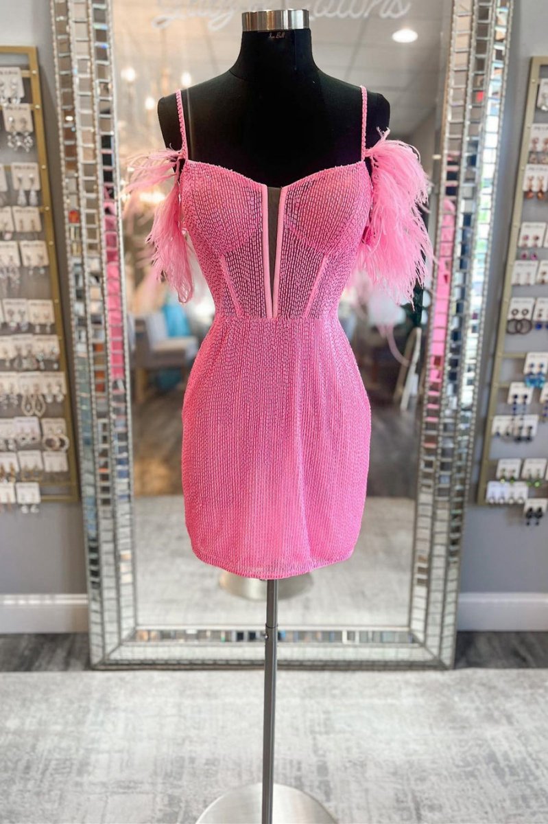 Feather Sleeve Beaded Short Homecoming Dresses
