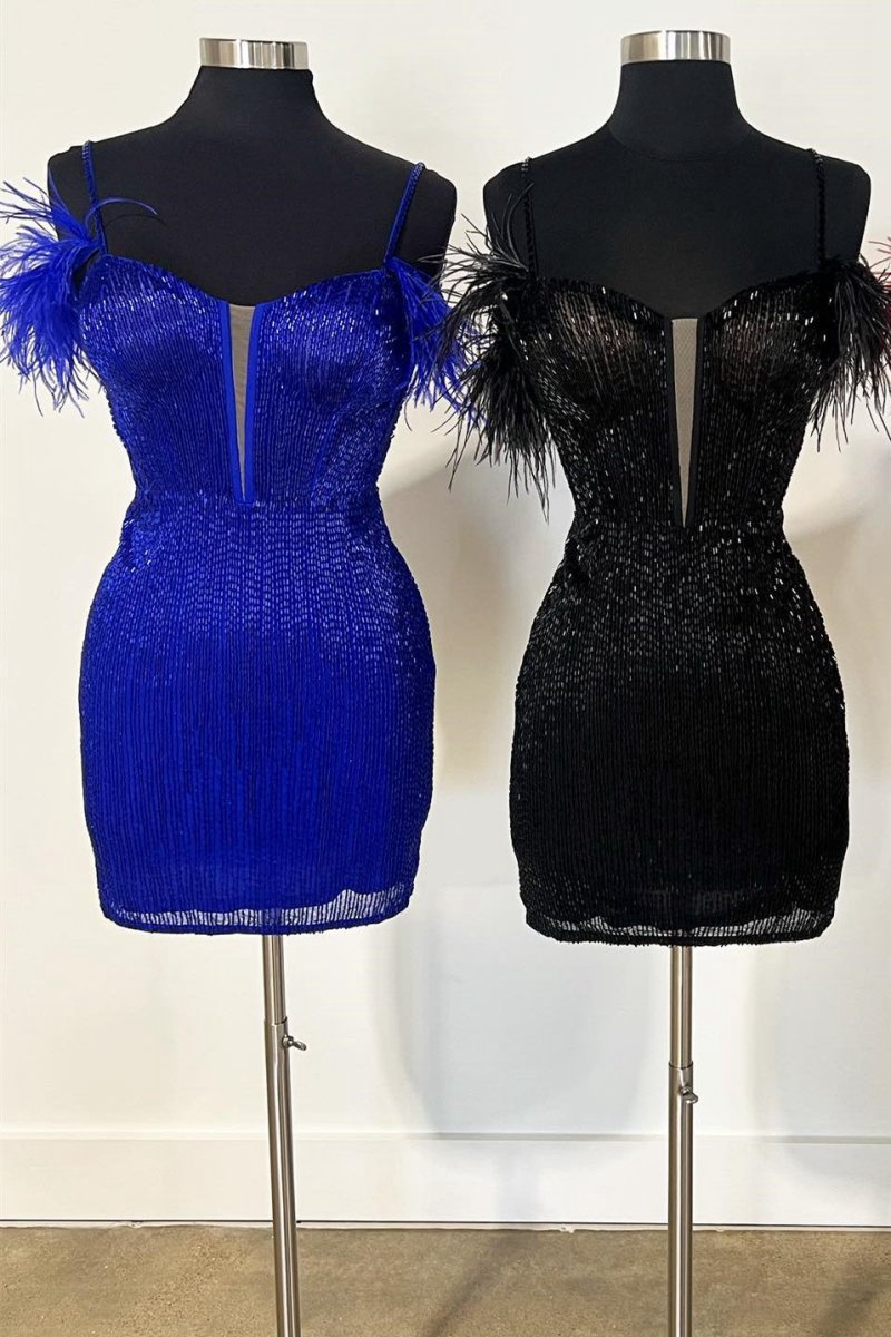 Feather Sleeve Beaded Short Homecoming Dresses