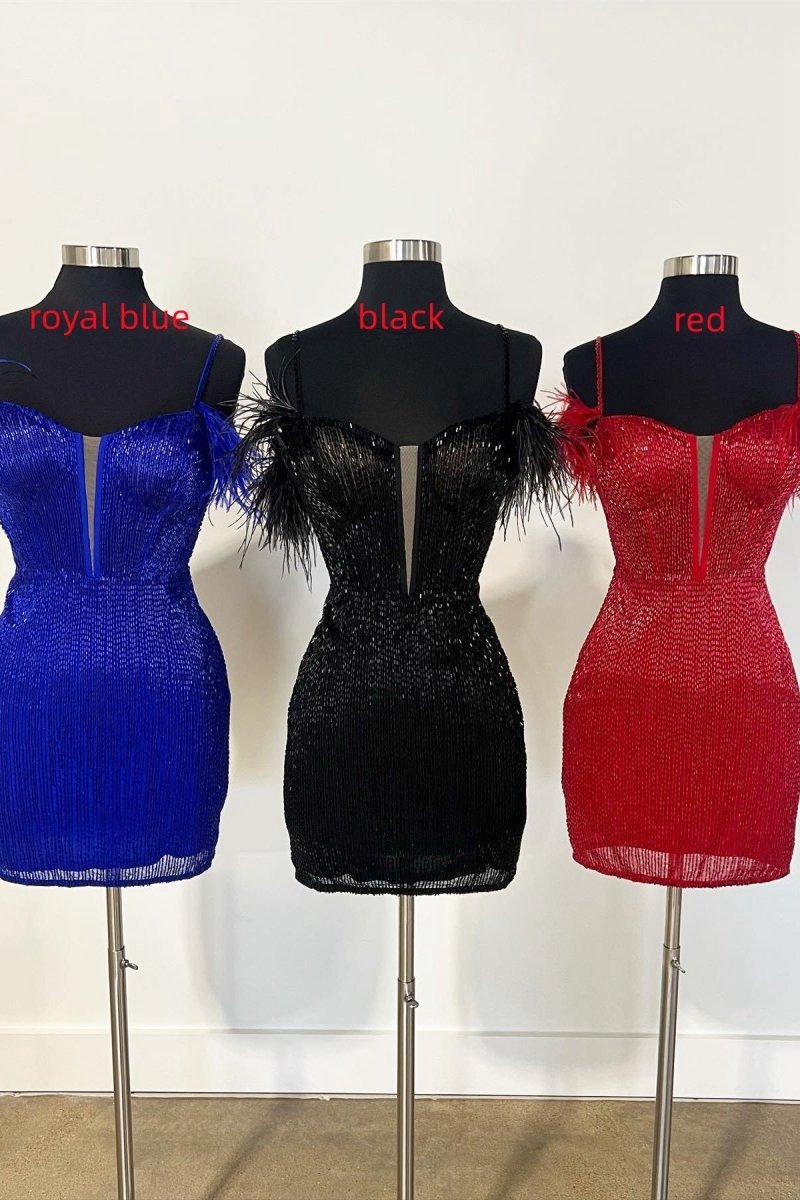 Feather Sleeve Beaded Short Homecoming Dresses