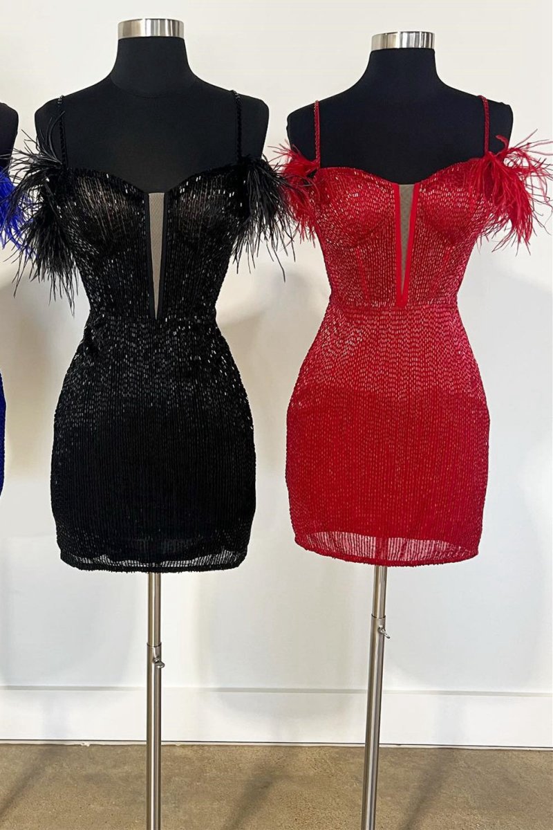 Feather Sleeve Beaded Short Homecoming Dresses