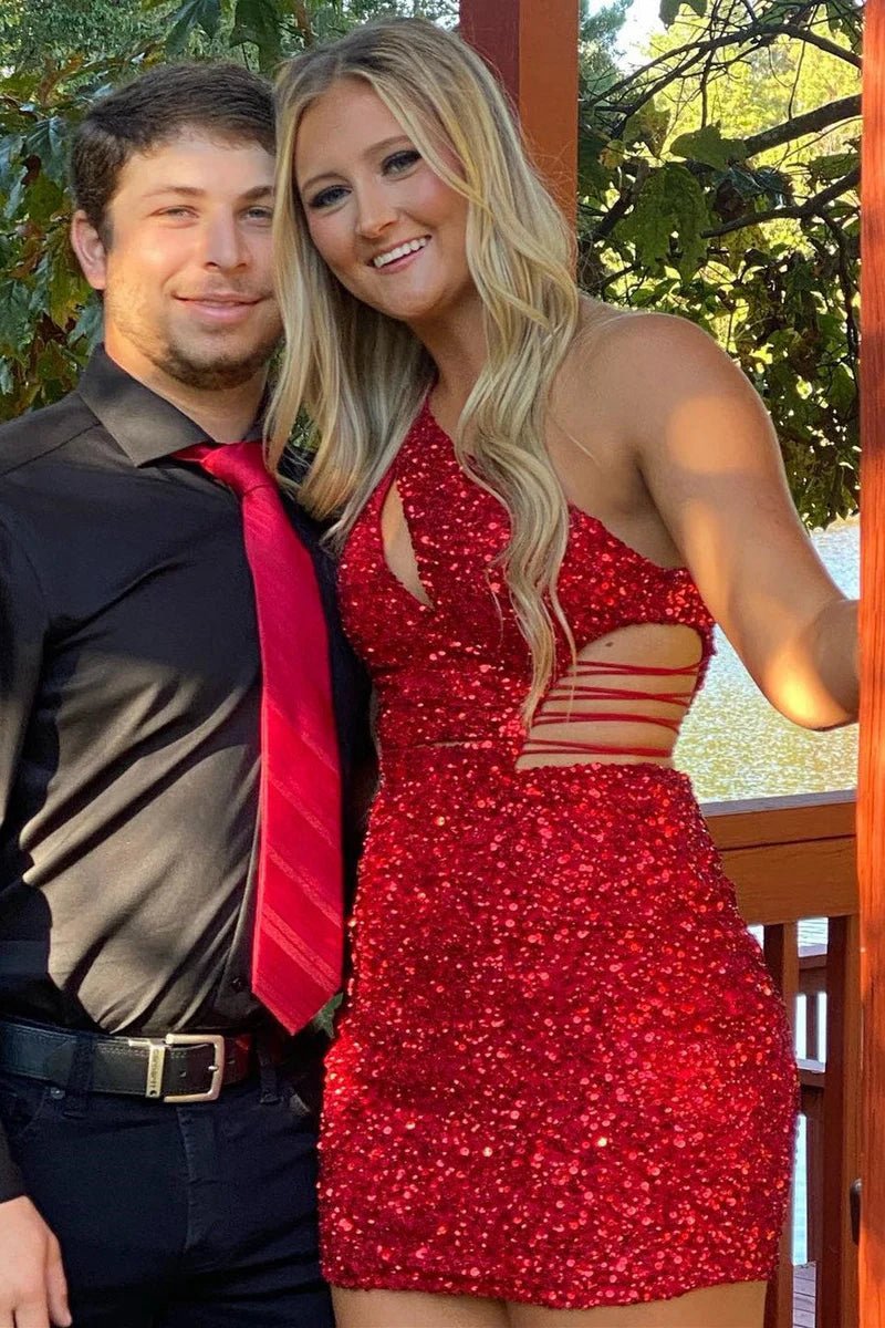 One Shoulder Cutout Sequin Tight Homecoming Dresses