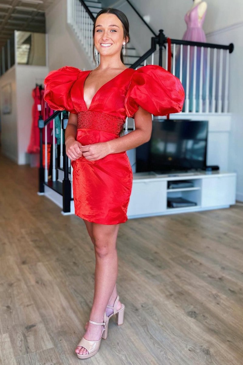 Sparkly Puff Sleeves Tight Short Homecoming Dresses with Beading