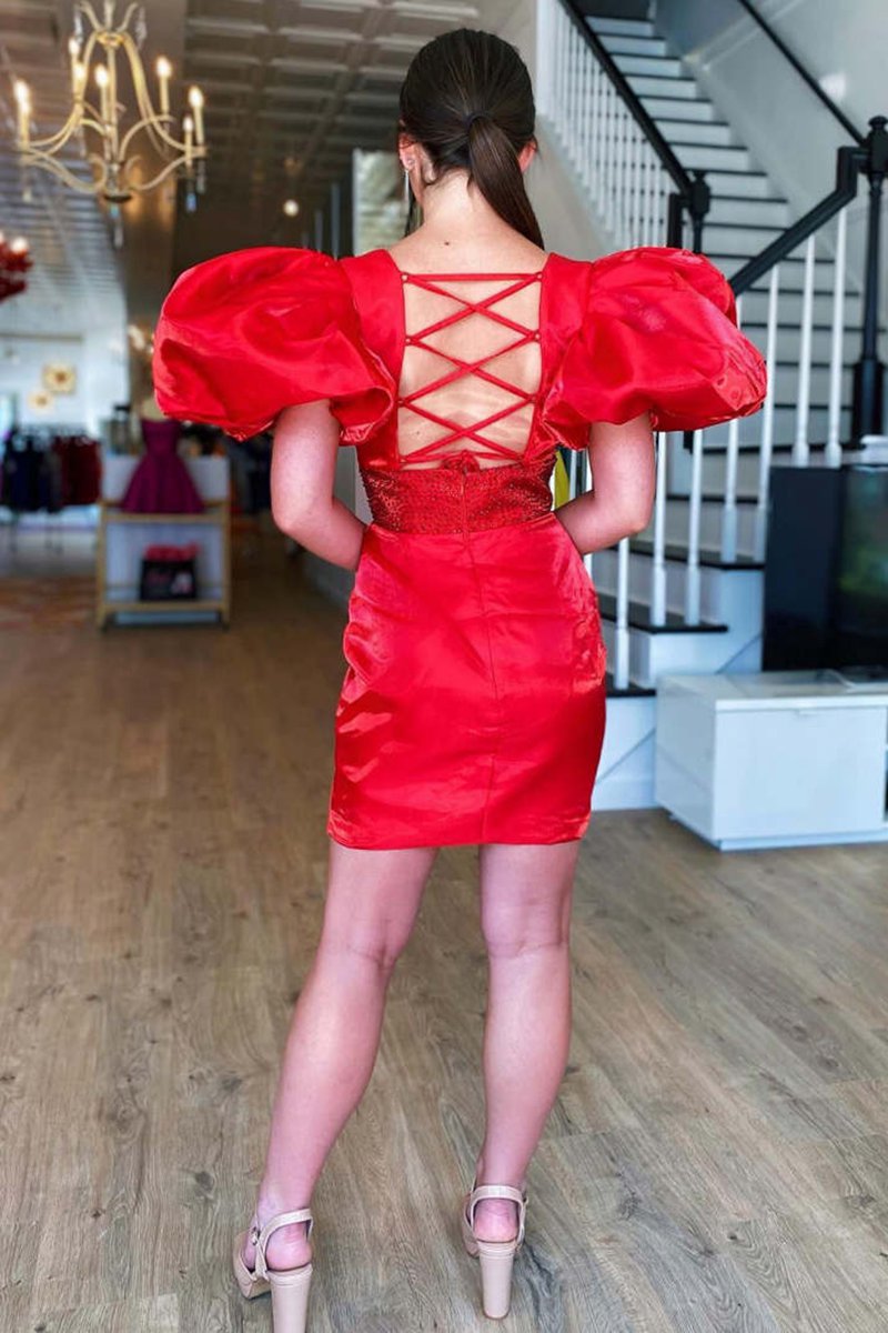 Sparkly Puff Sleeves Tight Short Homecoming Dresses with Beading
