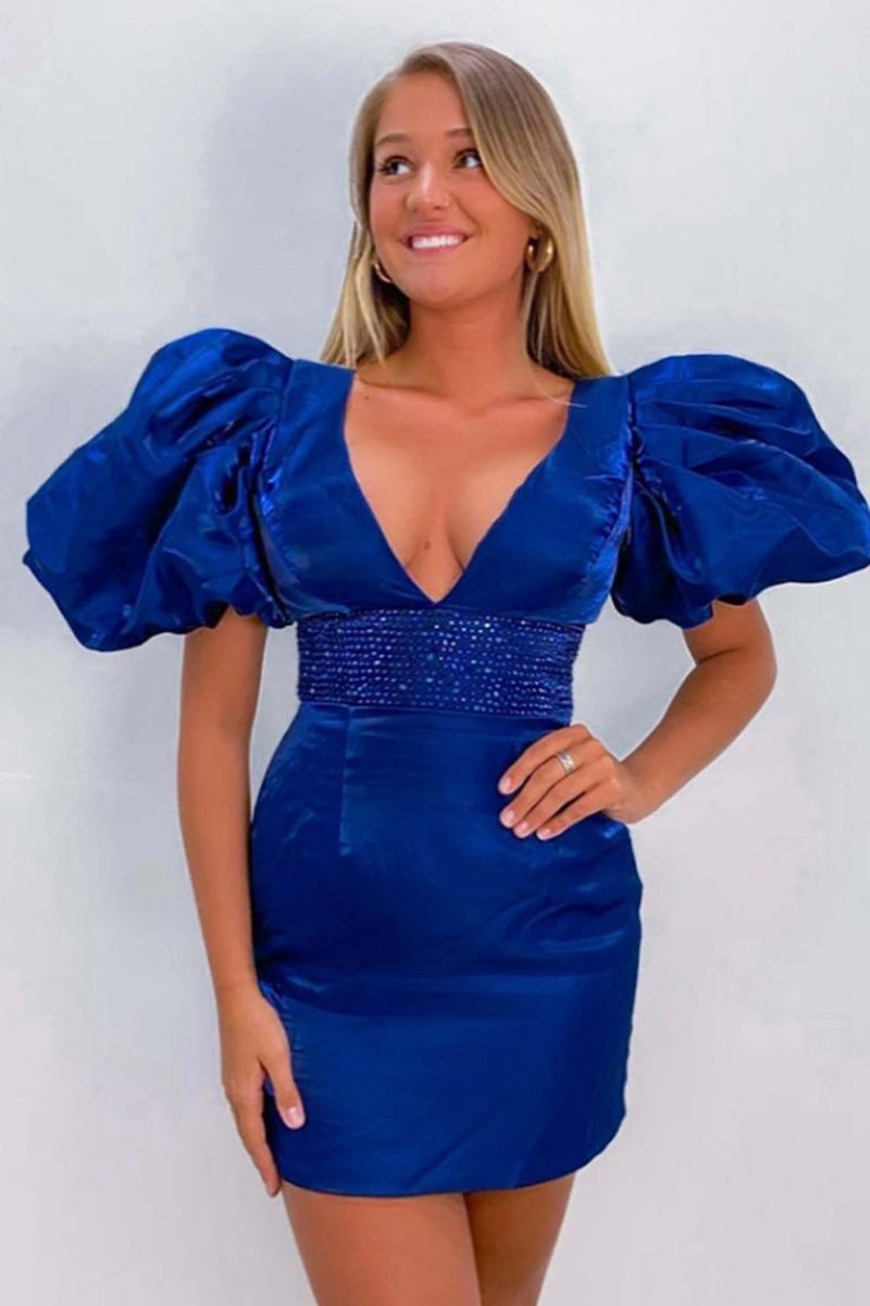 Sparkly Puff Sleeves Tight Short Homecoming Dresses with Beading