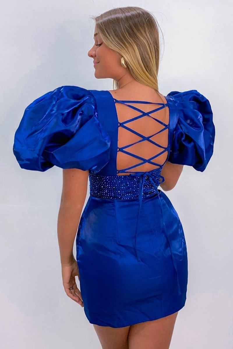 Sparkly Puff Sleeves Tight Short Homecoming Dresses with Beading