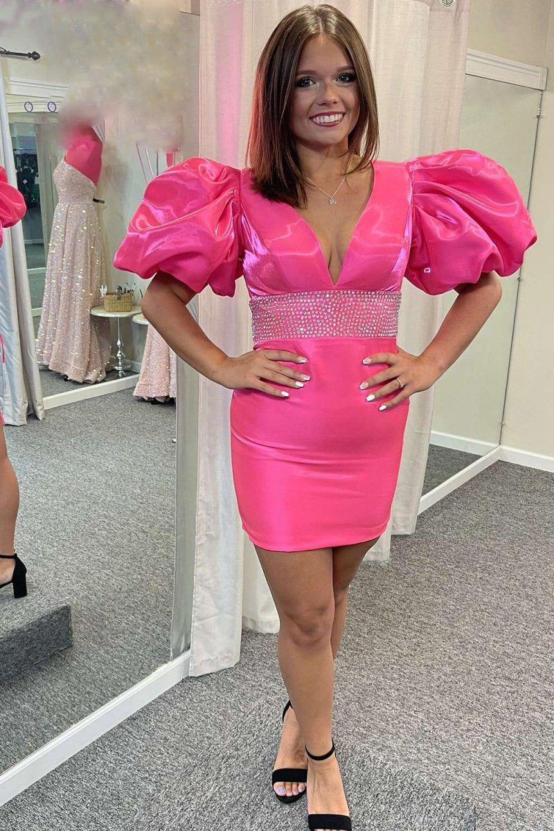 Sparkly Puff Sleeves Tight Short Homecoming Dresses with Beading
