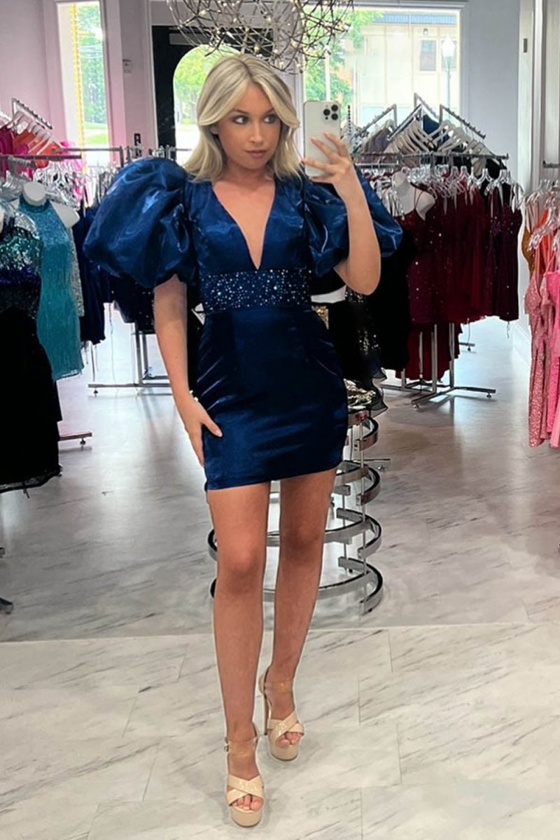 Sparkly Puff Sleeves Tight Short Homecoming Dresses with Beading