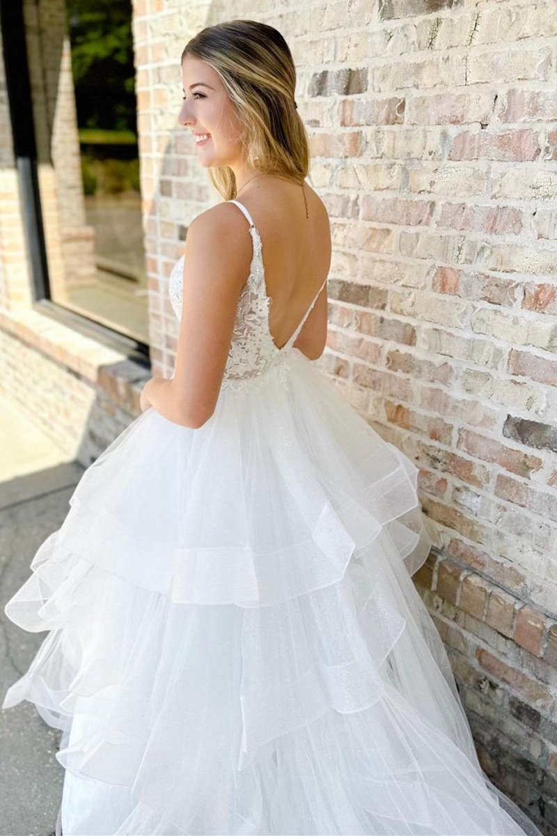 Appliques Backless Multi-Layer Long Wedding Dresses