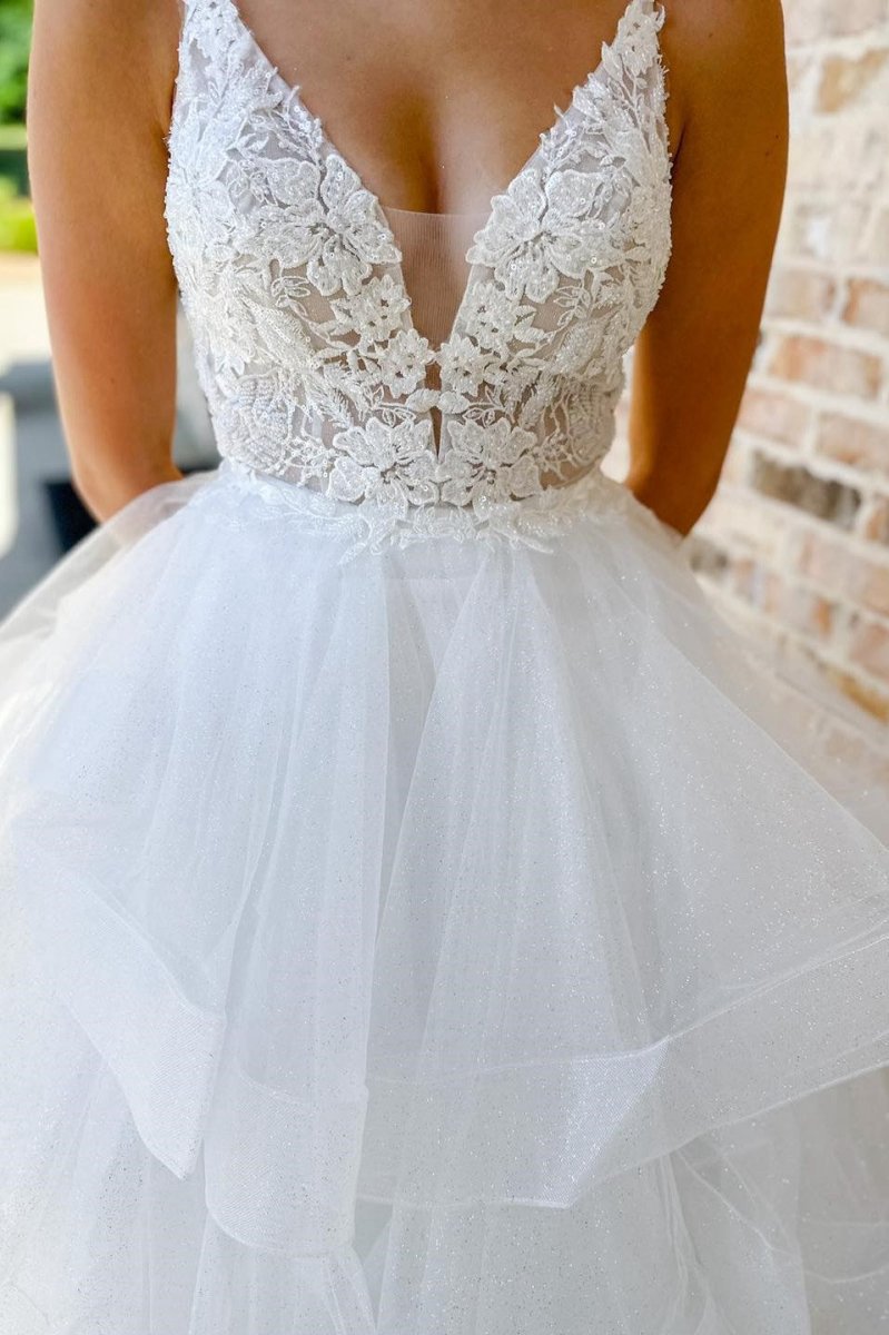 Appliques Backless Multi-Layer Long Wedding Dresses