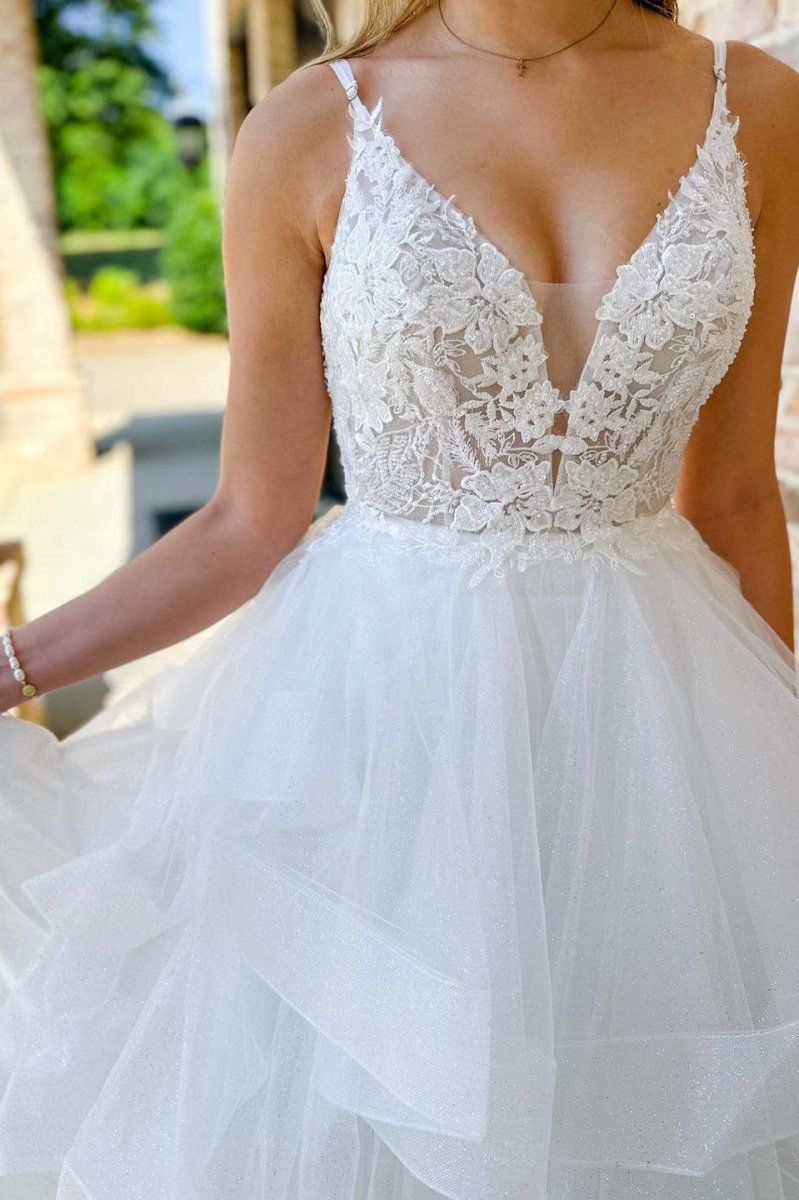Appliques Backless Multi-Layer Long Wedding Dresses
