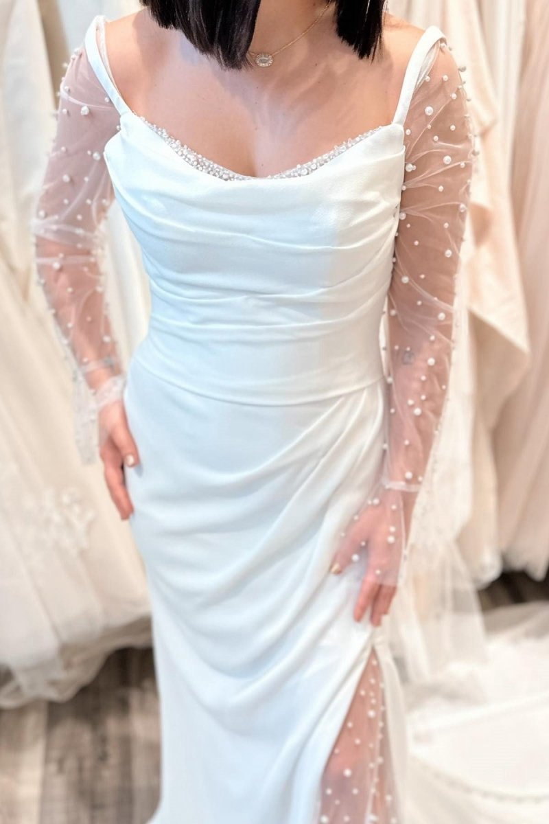 Pearls Long Sleeve Mermaid Long Wedding Dresses