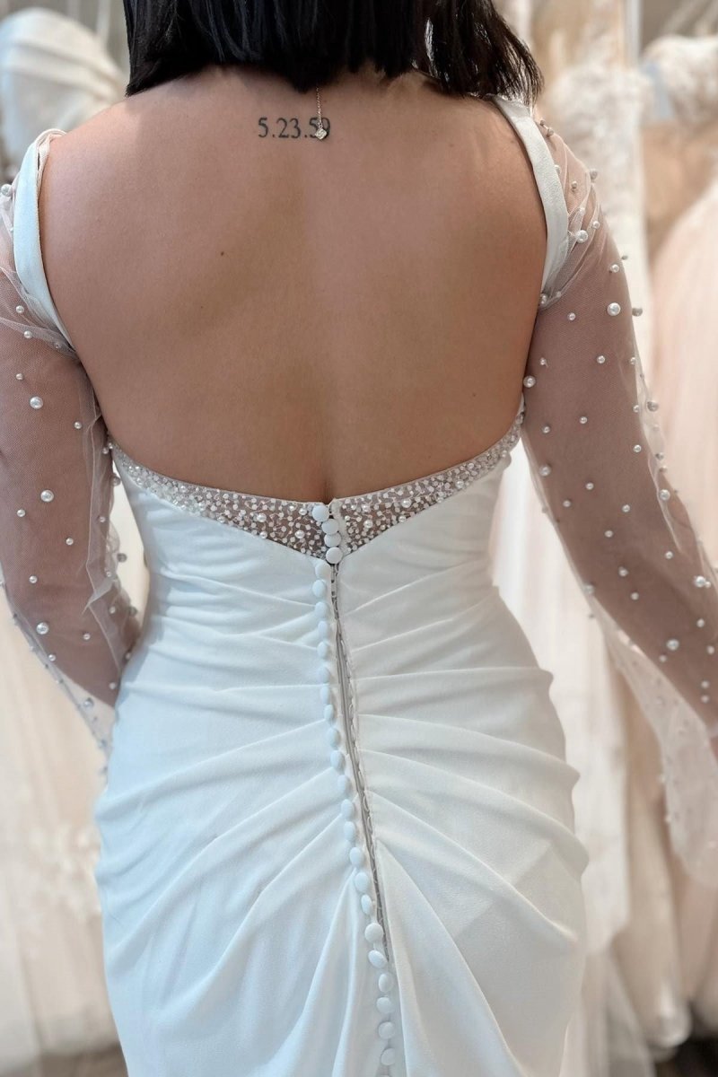 Pearls Long Sleeve Mermaid Long Wedding Dresses