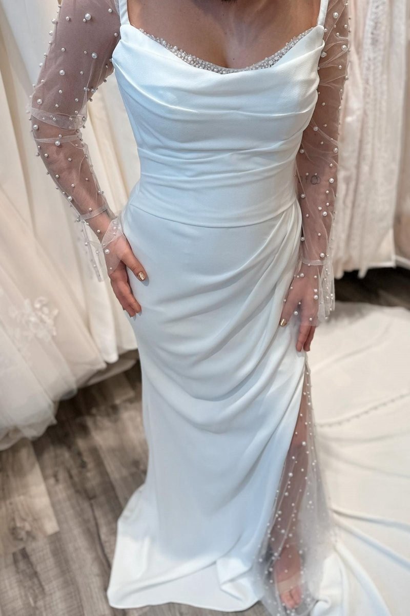 Pearls Long Sleeve Mermaid Long Wedding Dresses
