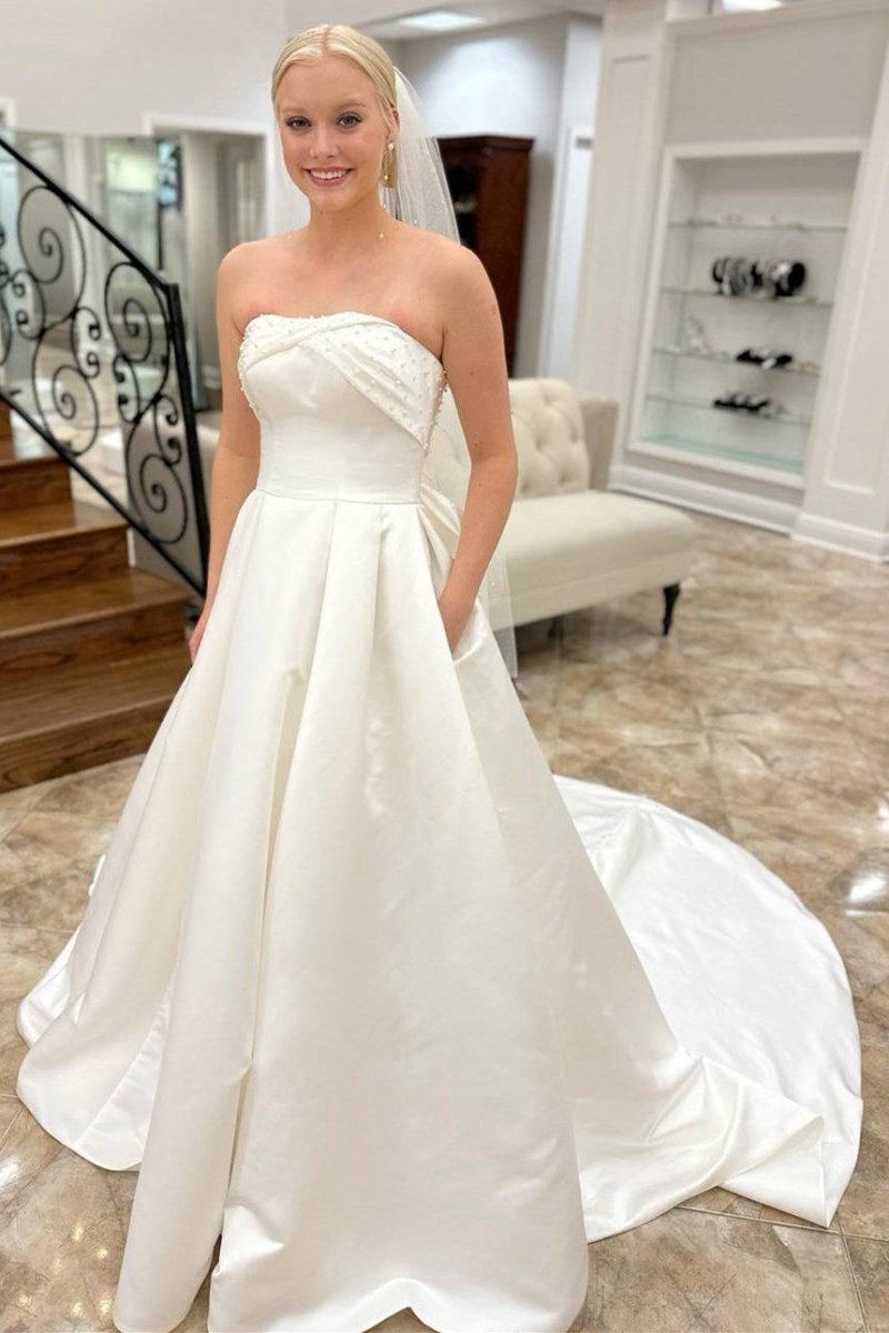 Strapless Bow-Back Pearls A-line Wedding Dresses