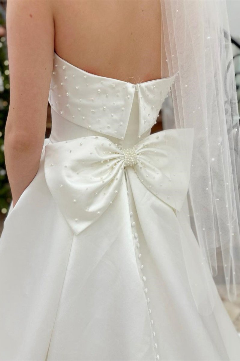 Strapless Bow-Back Pearls A-line Wedding Dresses
