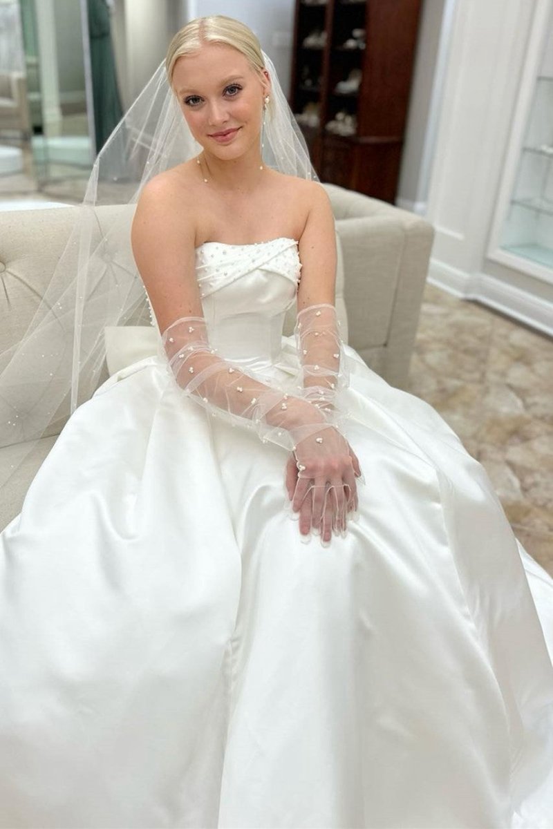 Strapless Bow-Back Pearls A-line Wedding Dresses