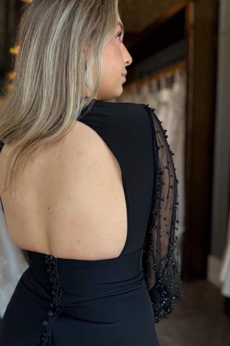 Beaded V-Neck Backless Long Wedding Dresses with Sleeves