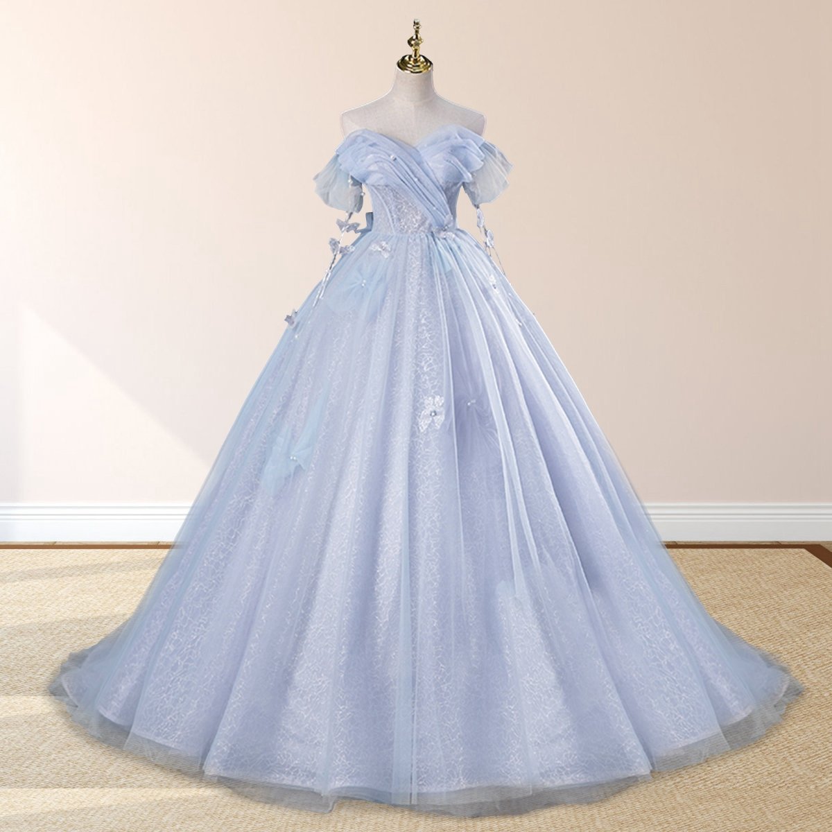 Ball-Gown Tulle Sweetheart Floor-Length Pearls Butterflies Quinceanera Dresses with Appliqued