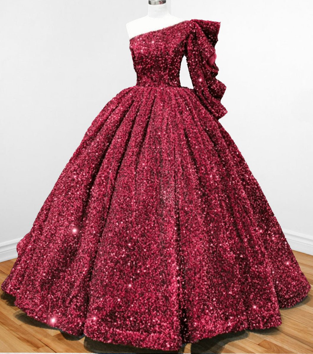Glitter Sequined One Shoulder Ball Gown Quinceanera Dresses