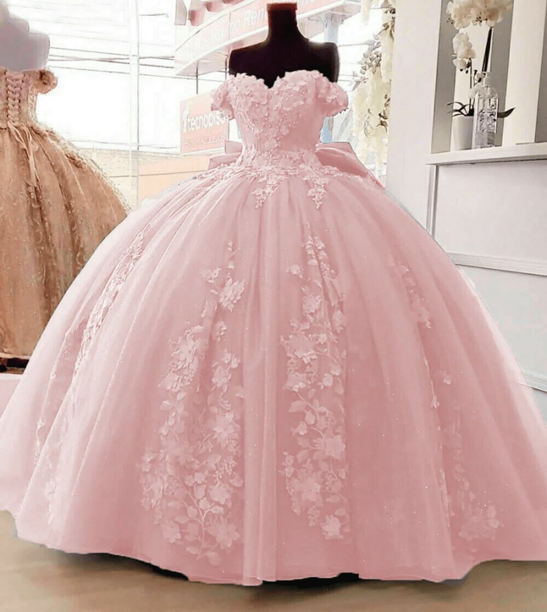 Off Shoulder 3D Floral Applique Quinceanera Dresses