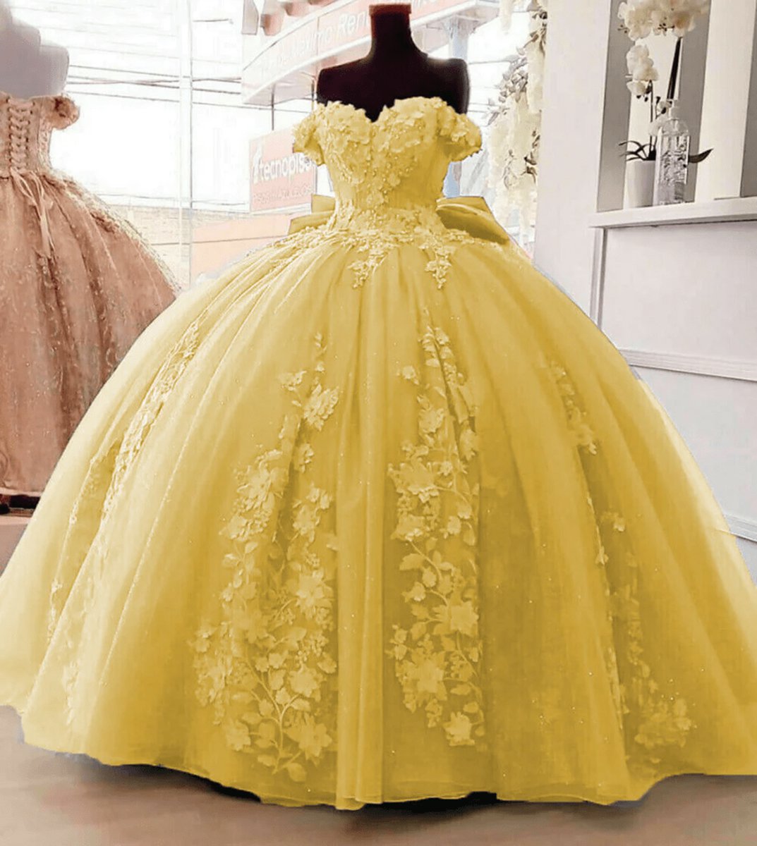 Off Shoulder 3D Floral Applique Quinceanera Dresses