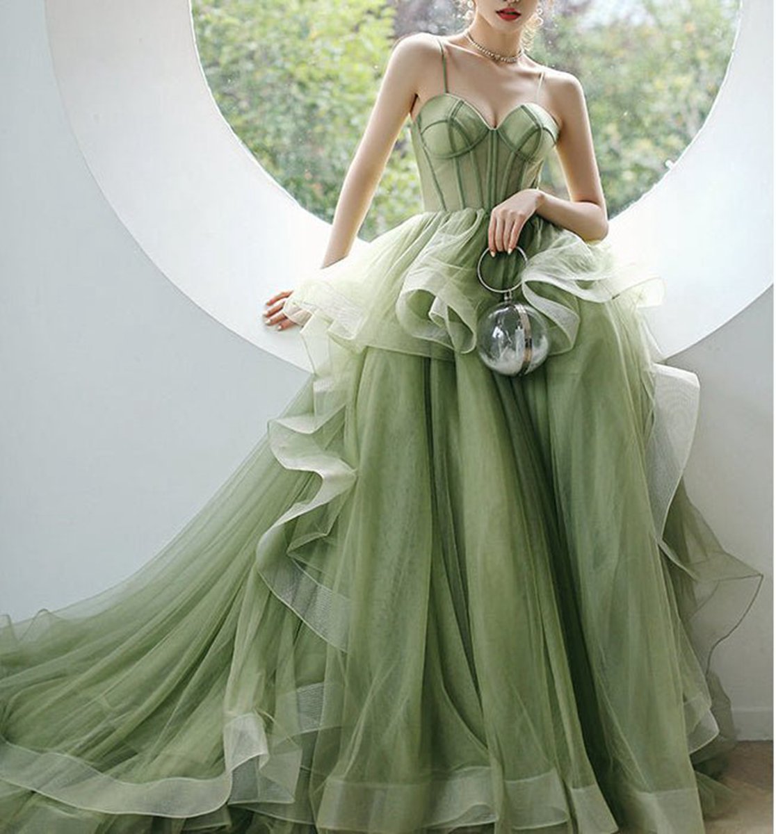 Spaghetti Straps Sage Ball Gown Quinceanera Dresses