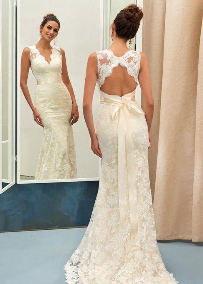 Classic Mermaid V-Neck Lace Backless Wedding Bridal Dresses