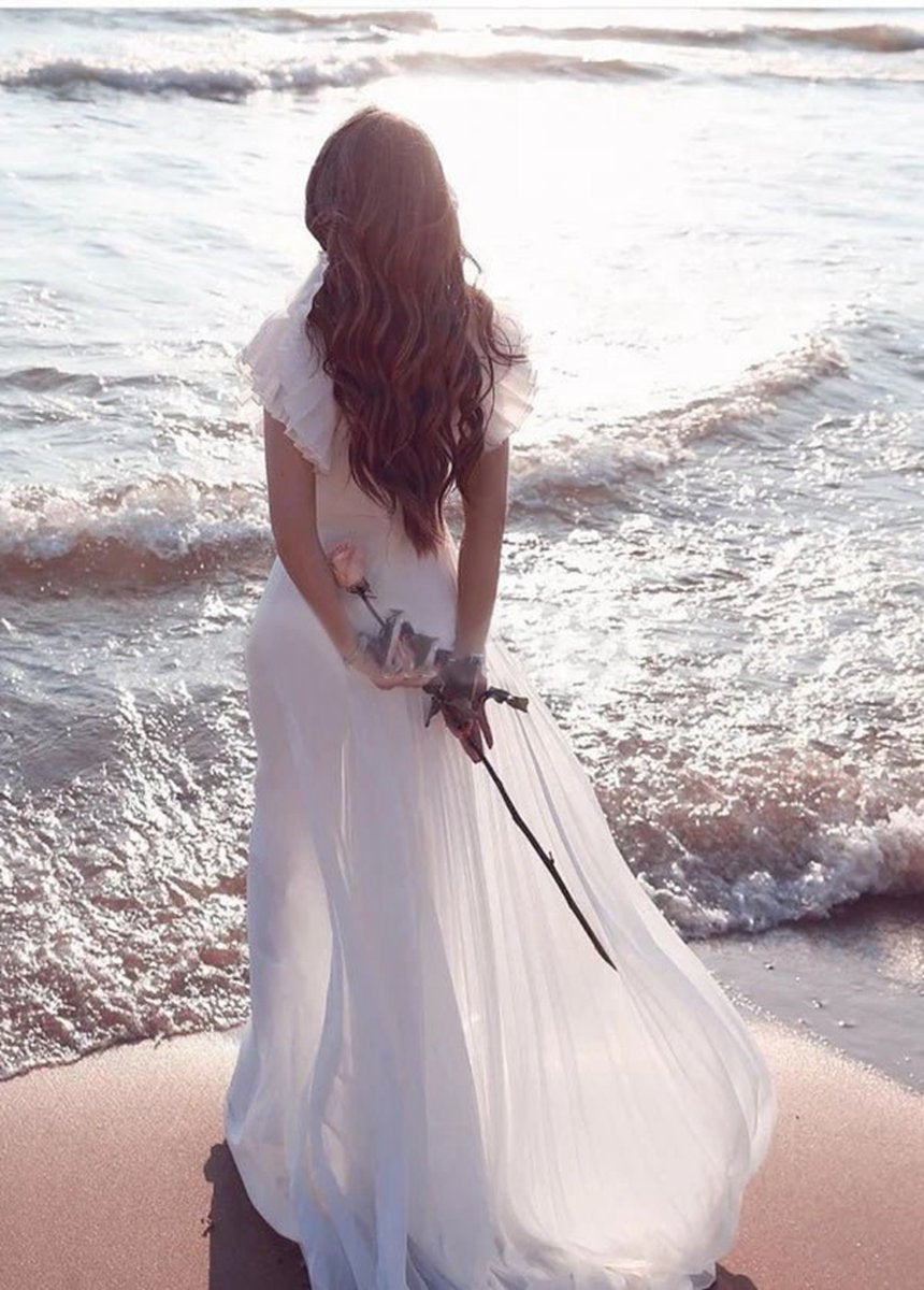 Chiffon A-line V-Neck Short Sleeves Summer Bridal Dresses