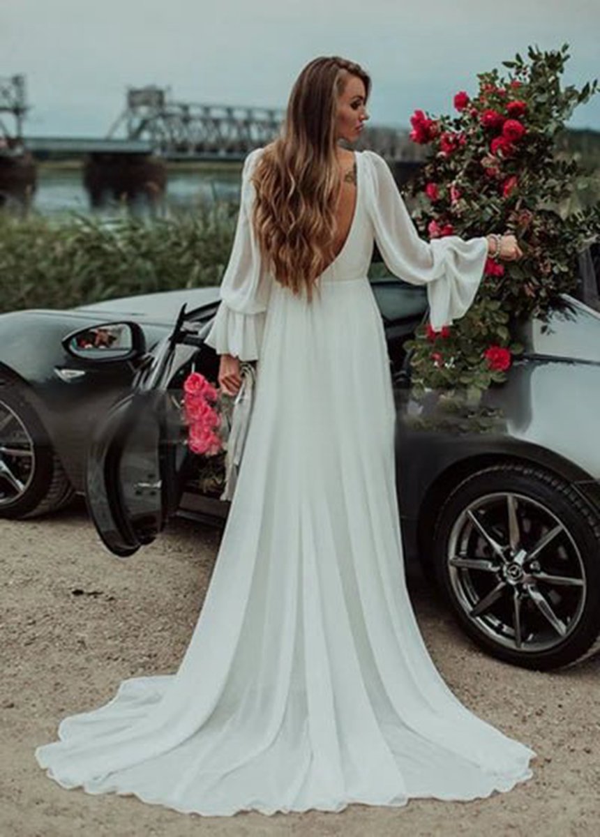 Chiffon A-line High Slit Beach Long-Sleeve V-Neck Romantic Wedding Dresses