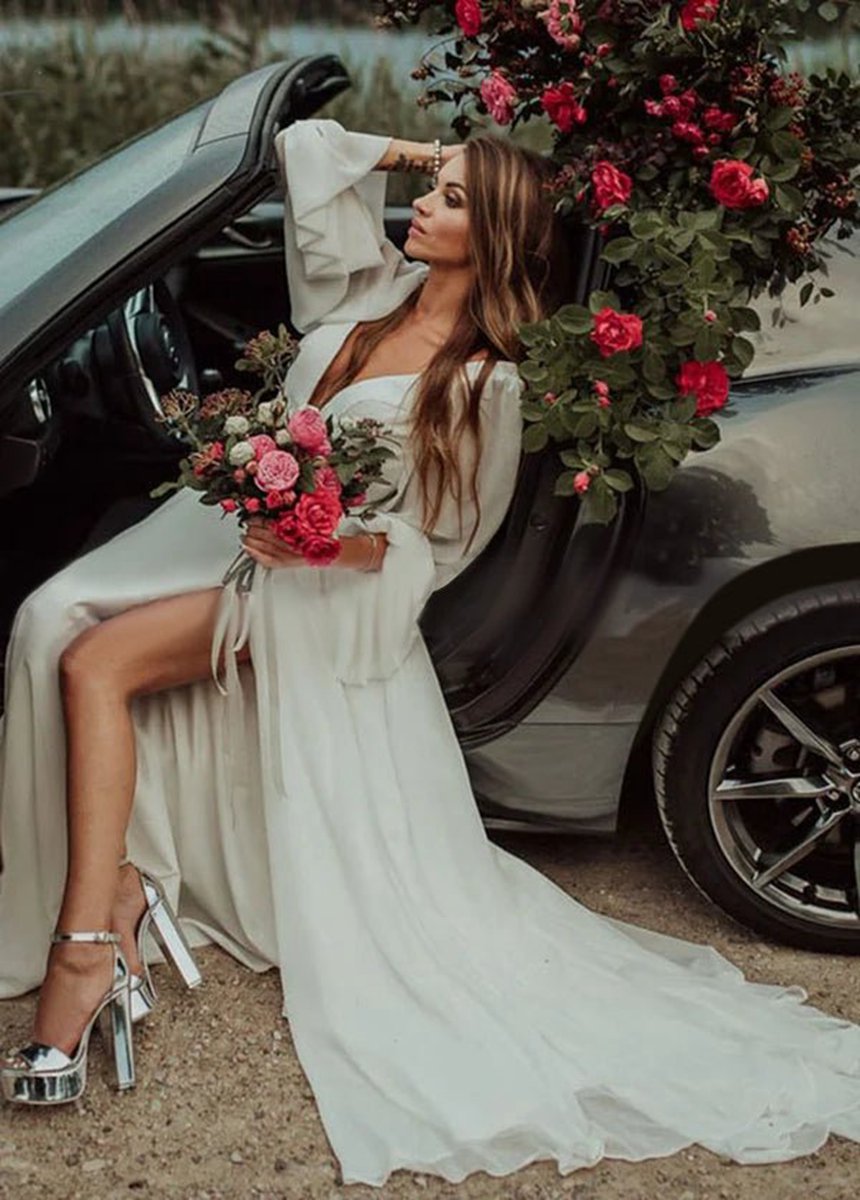 Chiffon A-line High Slit Beach Long-Sleeve V-Neck Romantic Wedding Dresses