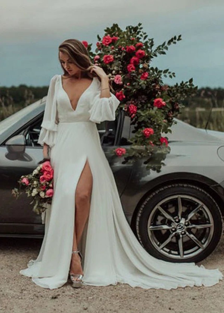 Chiffon A-line High Slit Beach Long-Sleeve V-Neck Romantic Wedding Dresses