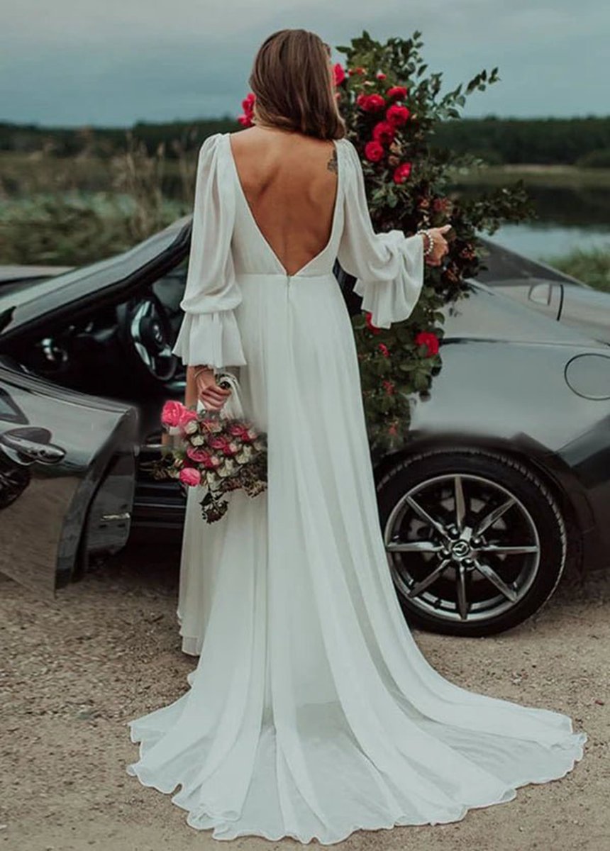 Chiffon A-line High Slit Beach Long-Sleeve V-Neck Romantic Wedding Dresses