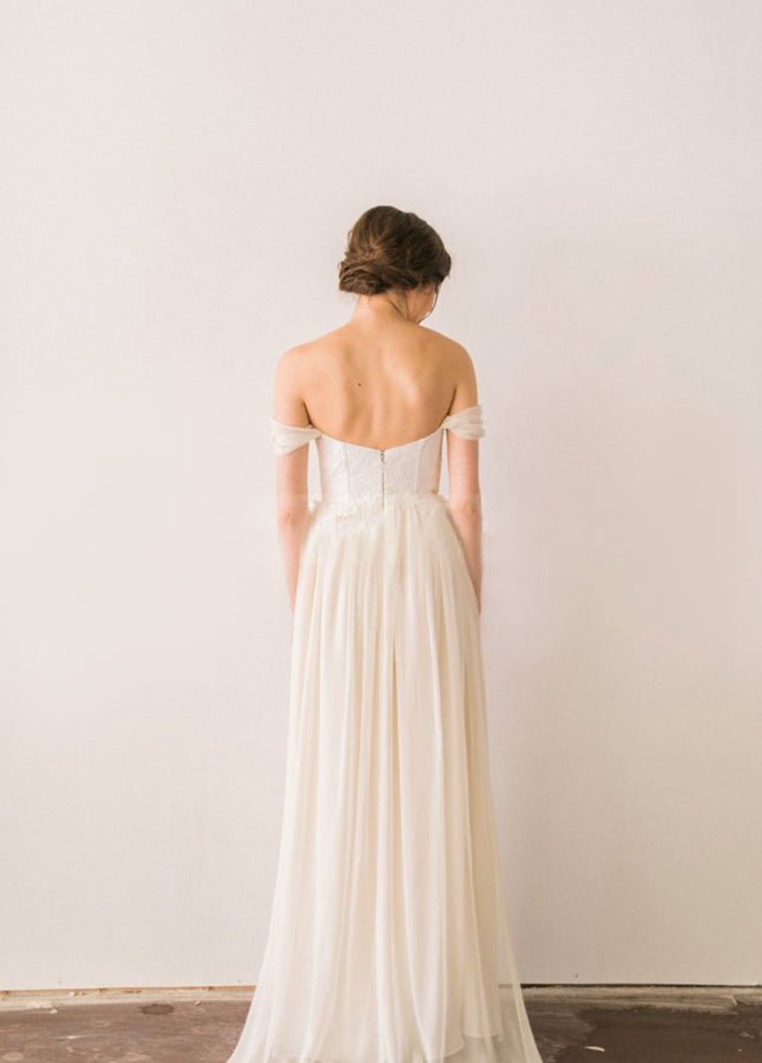 Chiffon A-line Off-the-Shoulder Backless Beach Wedding Dresses with Lace Bodice
