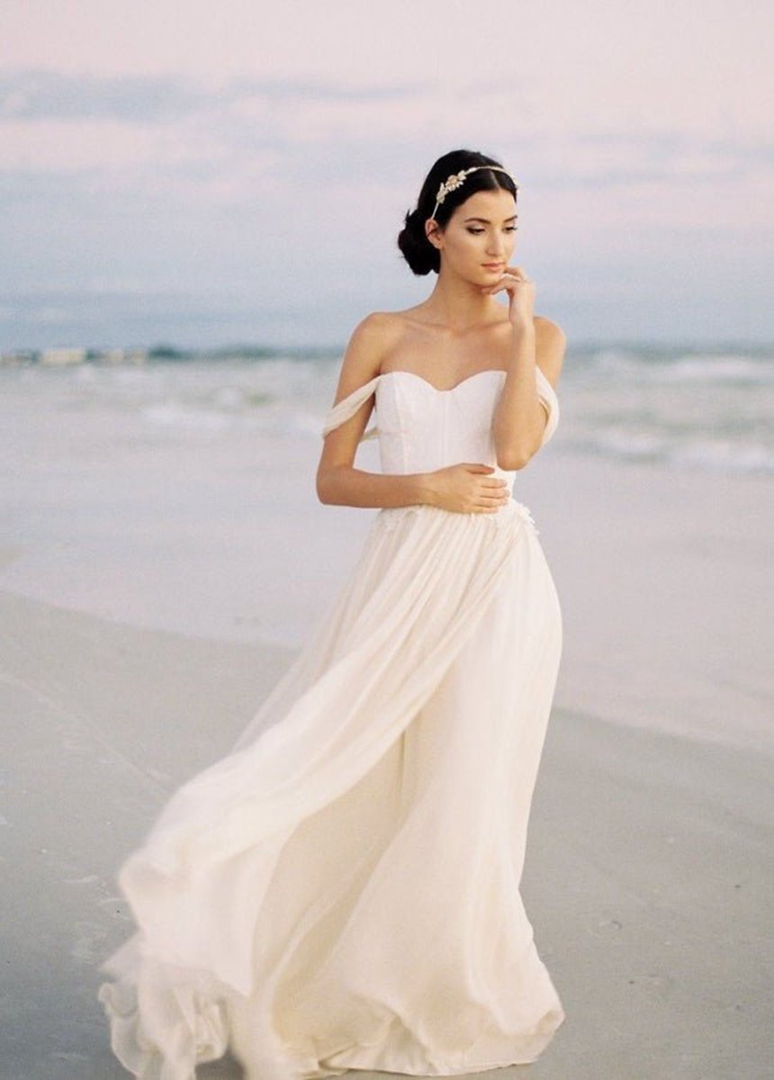 Chiffon A-line Off-the-Shoulder Backless Beach Wedding Dresses with Lace Bodice