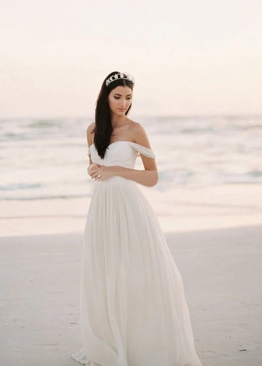 Chiffon A-line Off-the-Shoulder Backless Beach Wedding Dresses with Lace Bodice