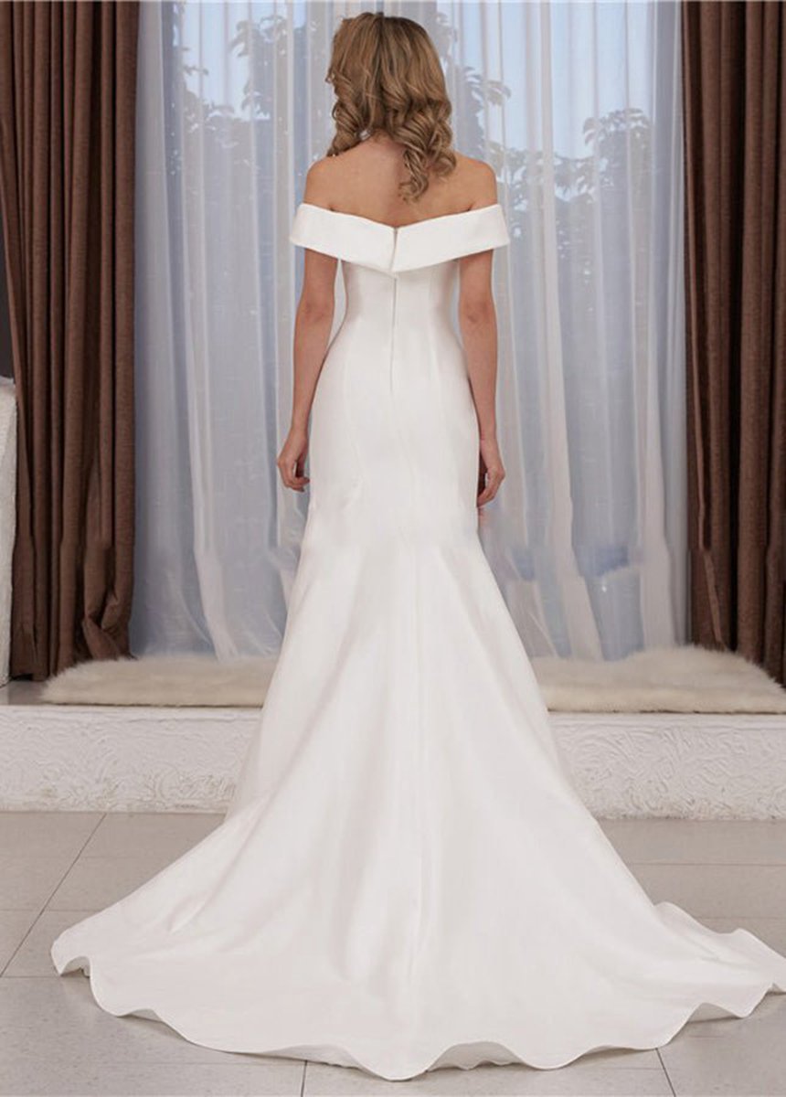 Chic Satin Off the Shoulder Sleeveless Sweep-Train Bridal Dresses